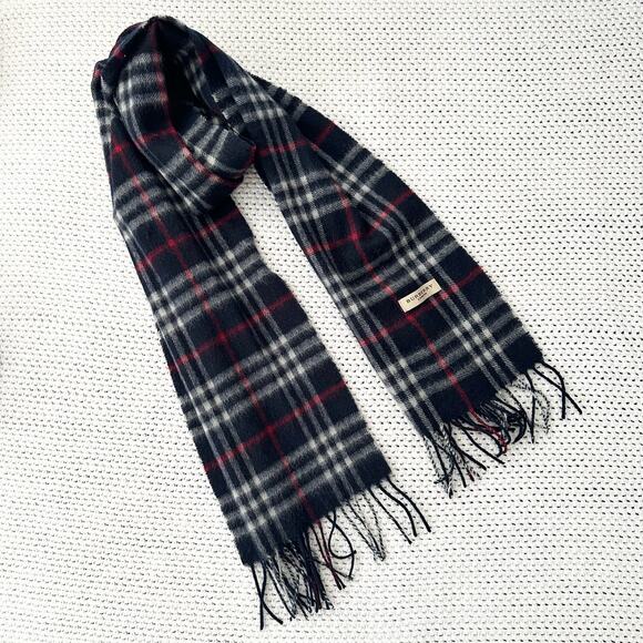Burberry Navy Blue Red White Plaid Check Wool Soft Fringe Slim Scarf One Size - Picture 1 of 8
